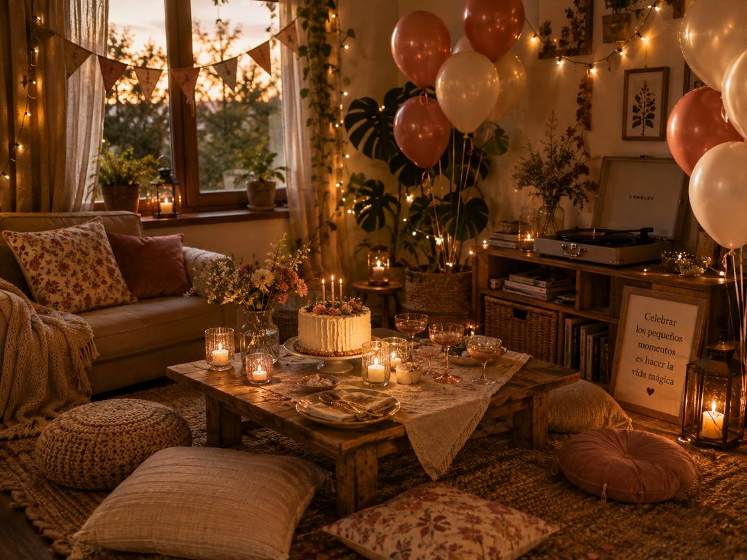 Decoración cozy party con macarons, guirnalda y globos pastel - Cozy & Chill Party