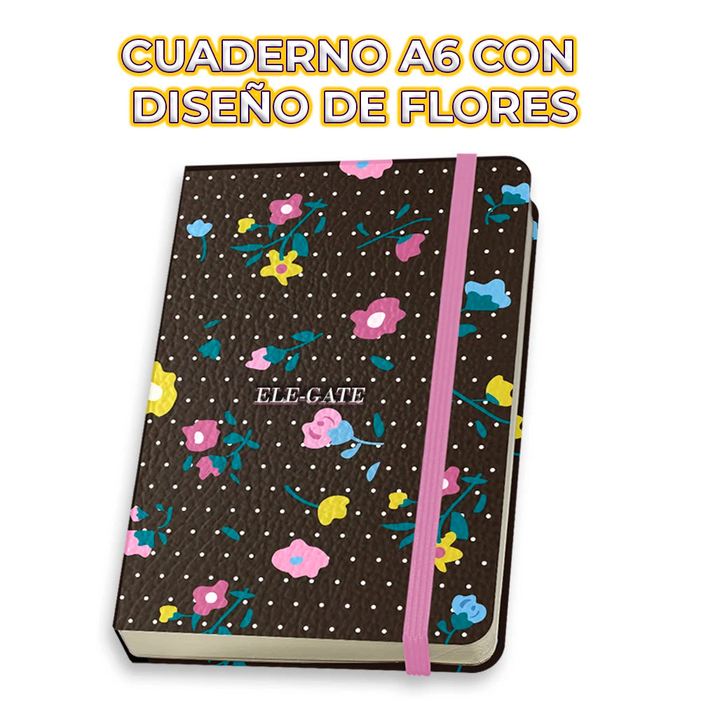 Flirty Flowers Notebook with 75 Lined Sheets Leather and Linen Cover Sewing or Thermal Binding for School Use or Diary