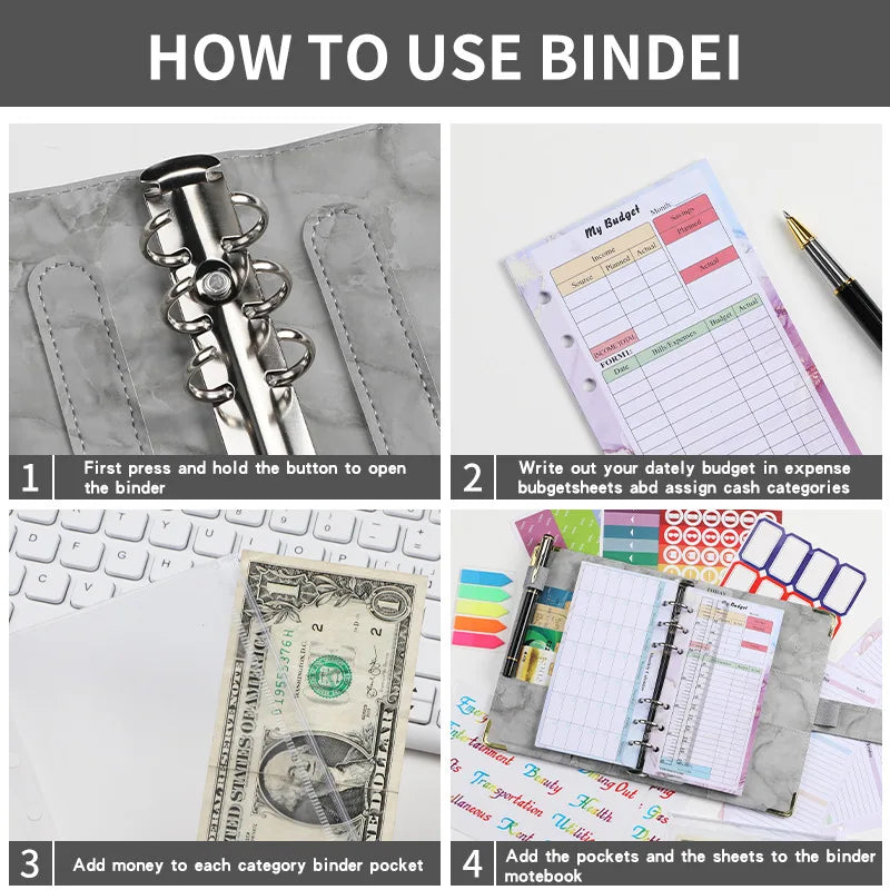 Eco-friendly A6 Marble Binder Planner Leather Money Save Wallet Purse Marble Budget Binder with Cash Envelope and Zippers