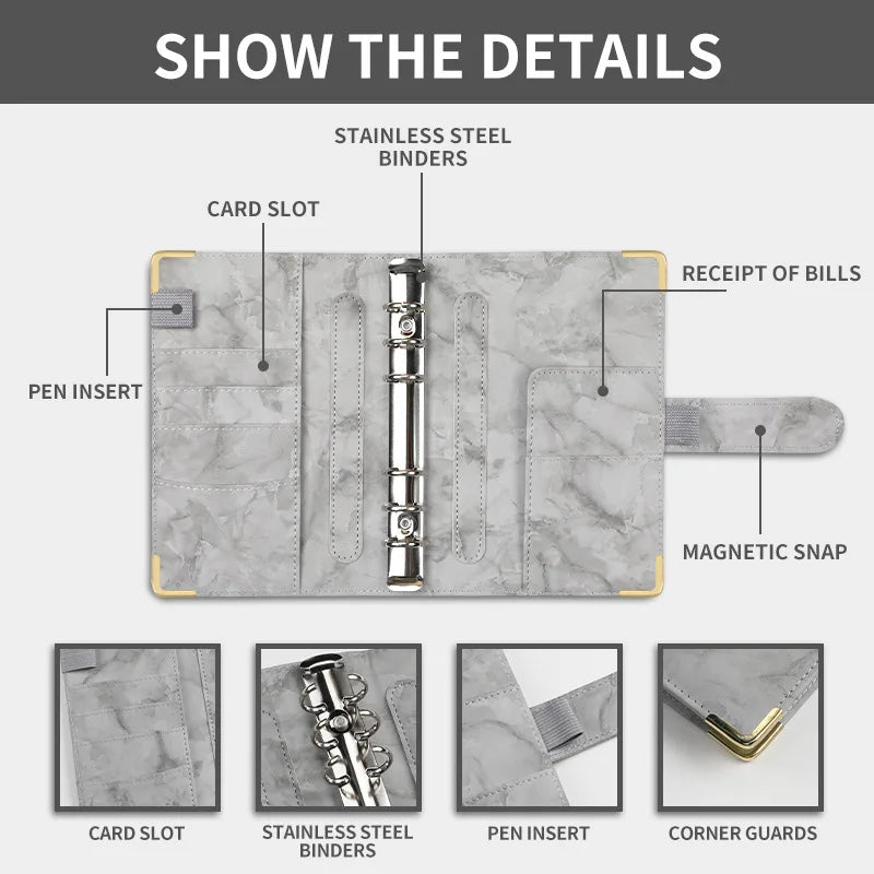 Eco-friendly A6 Marble Binder Planner Leather Money Save Wallet Purse Marble Budget Binder with Cash Envelope and Zippers