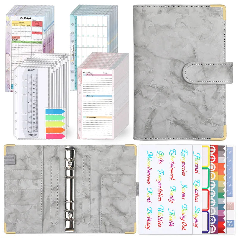 Eco-friendly A6 Marble Binder Planner Leather Money Save Wallet Purse Marble Budget Binder with Cash Envelope and Zippers