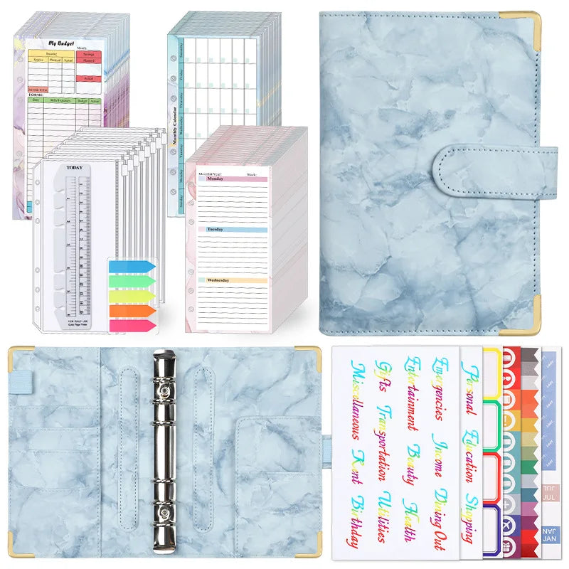 Eco-friendly A6 Marble Binder Planner Leather Money Save Wallet Purse Marble Budget Binder with Cash Envelope and Zippers