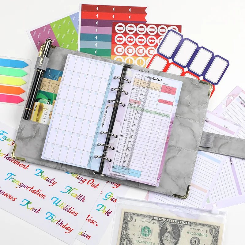 Eco-friendly A6 Marble Binder Planner Leather Money Save Wallet Purse Marble Budget Binder with Cash Envelope and Zippers