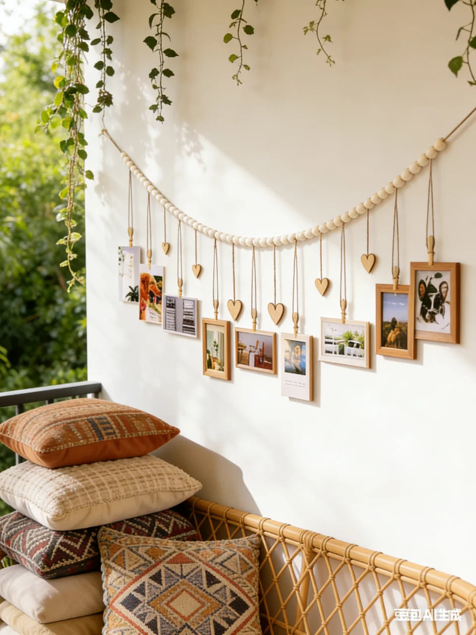 Hanging Photo Display Room Wall Decor, Boho Collage Picture Frame Christmas Cards Holder Wooden Hearts for Home Bedroom Office