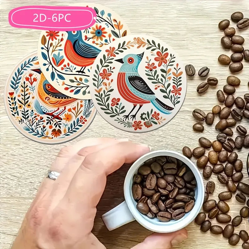 6 Pieces 2D Wooden Coasters Bohemian Bird and Flower Pattern Theme Desktop Heat Mats Home Decor Coffee Cup Coasters Office