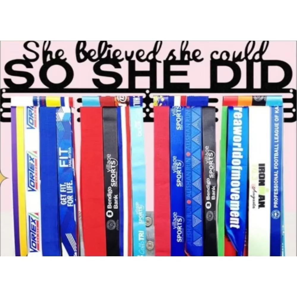 Wall Mounted Medal Display Featuring Cheerleading Ribbons Competitive Gymnastics Rugby Ribbons Empowering Motto for Enthusiasts