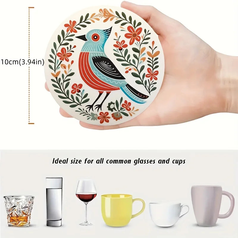 6 Pieces 2D Wooden Coasters Bohemian Bird and Flower Pattern Theme Desktop Heat Mats Home Decor Coffee Cup Coasters Office