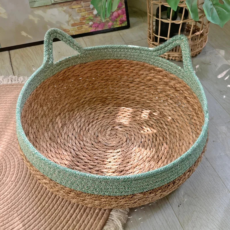 Handmade Woven Rattan Cat Bed Summer Cooling Removable Washable With Scratch Pad And Cozy Pet Bed Basket Home Use Gift For Cats