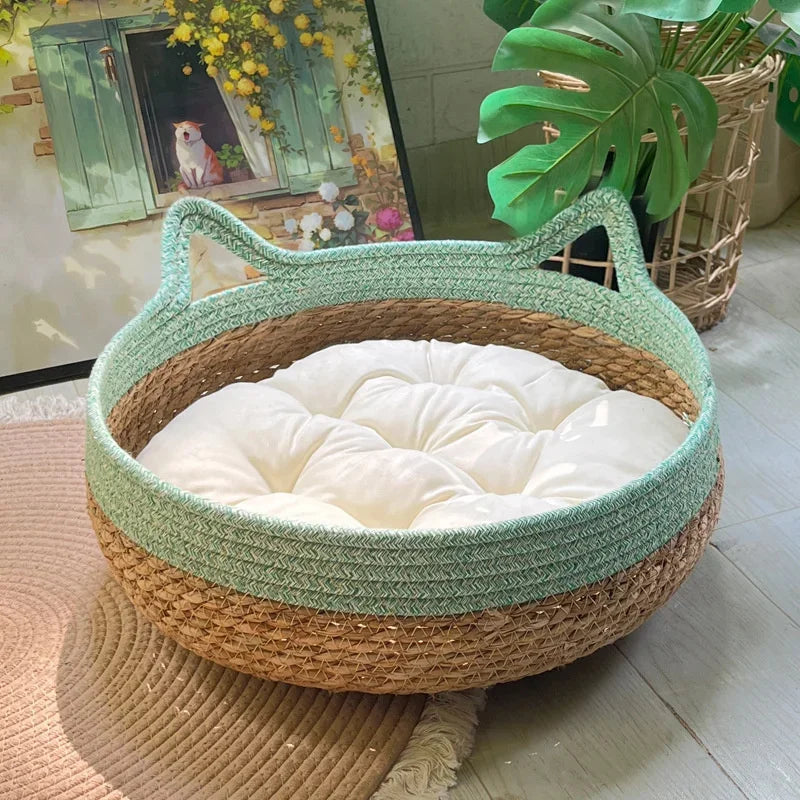 Handmade Woven Rattan Cat Bed Summer Cooling Removable Washable With Scratch Pad And Cozy Pet Bed Basket Home Use Gift For Cats