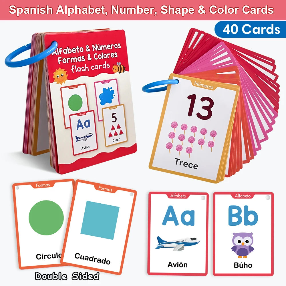 40Pcs Spanish Alphabet Number Color & Shape Themes Learning Cards for Kids Early Education Vocabulary Flashcards Teaching Aids