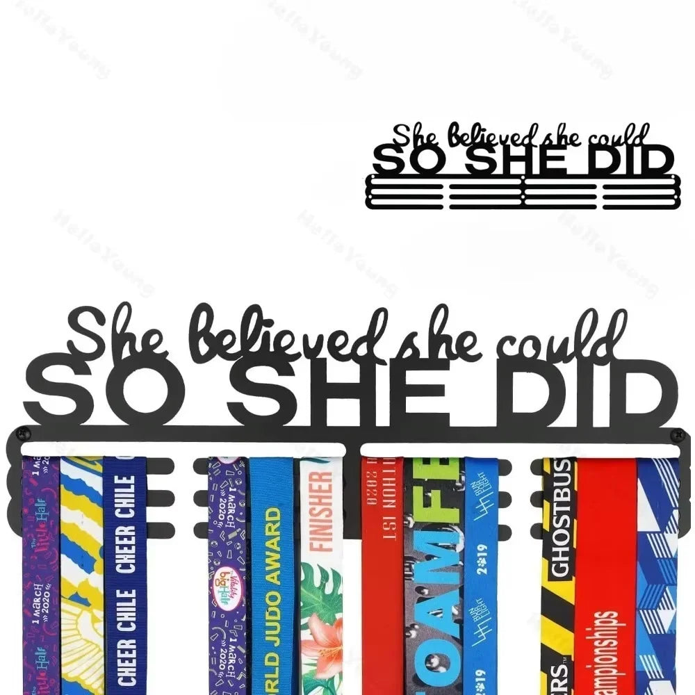 Wall Mounted Medal Display Featuring Cheerleading Ribbons Competitive Gymnastics Rugby Ribbons Empowering Motto for Enthusiasts