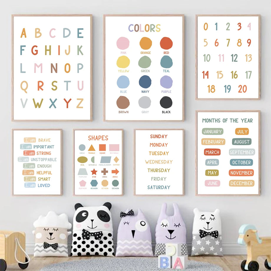 English Education Poster Alphabet Number Color Shape Wall Art Prints Canvas Painting Wall Pictures Kids Bedroom Classroom Decor