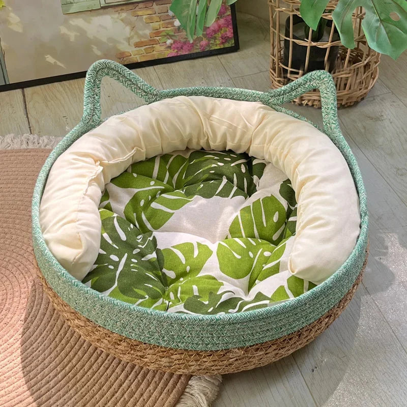 Handmade Woven Rattan Cat Bed Summer Cooling Removable Washable With Scratch Pad And Cozy Pet Bed Basket Home Use Gift For Cats