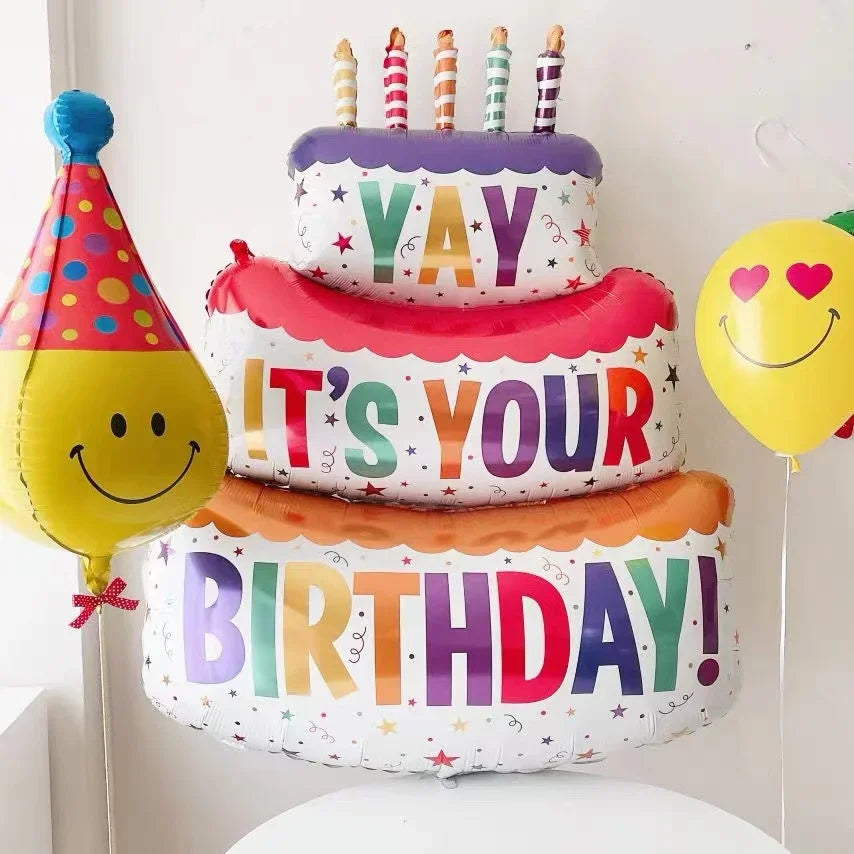 Large 3 Layer Birthday Cake Candle Foil Balloons with Stripes & Polka Dots, Party Decoration Photo Props
