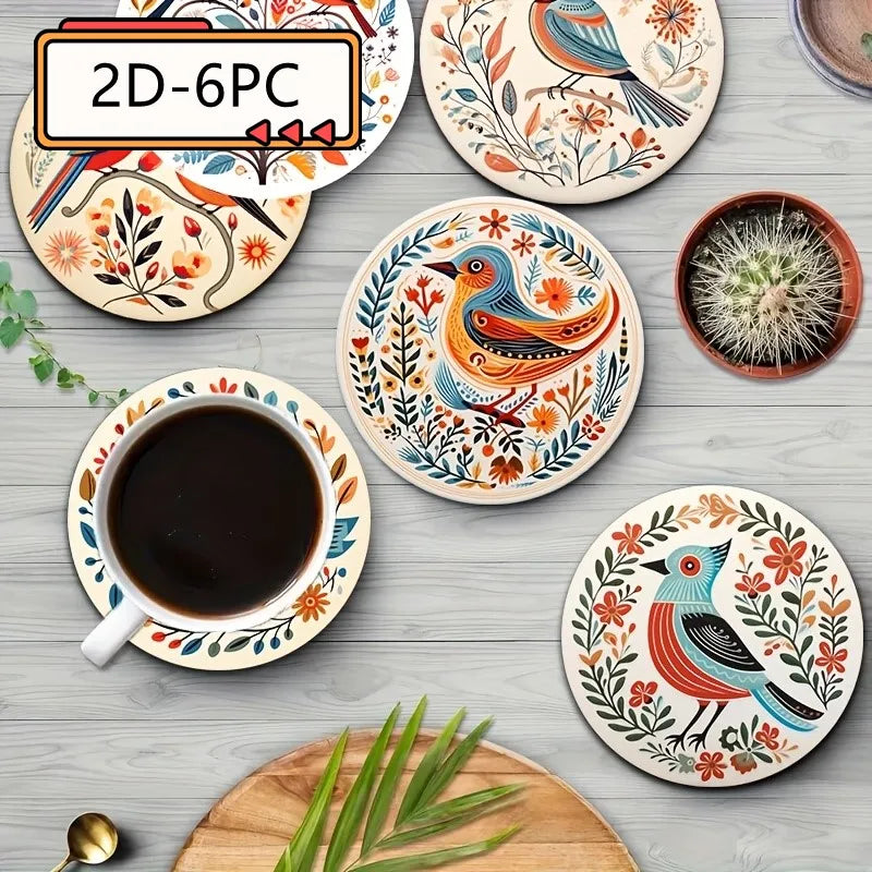 6 Pieces 2D Wooden Coasters Bohemian Bird and Flower Pattern Theme Desktop Heat Mats Home Decor Coffee Cup Coasters Office