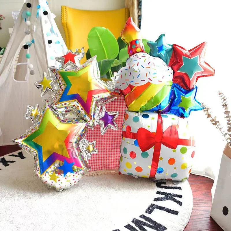 Large 3 Layer Birthday Cake Candle Foil Balloons with Stripes & Polka Dots, Party Decoration Photo Props
