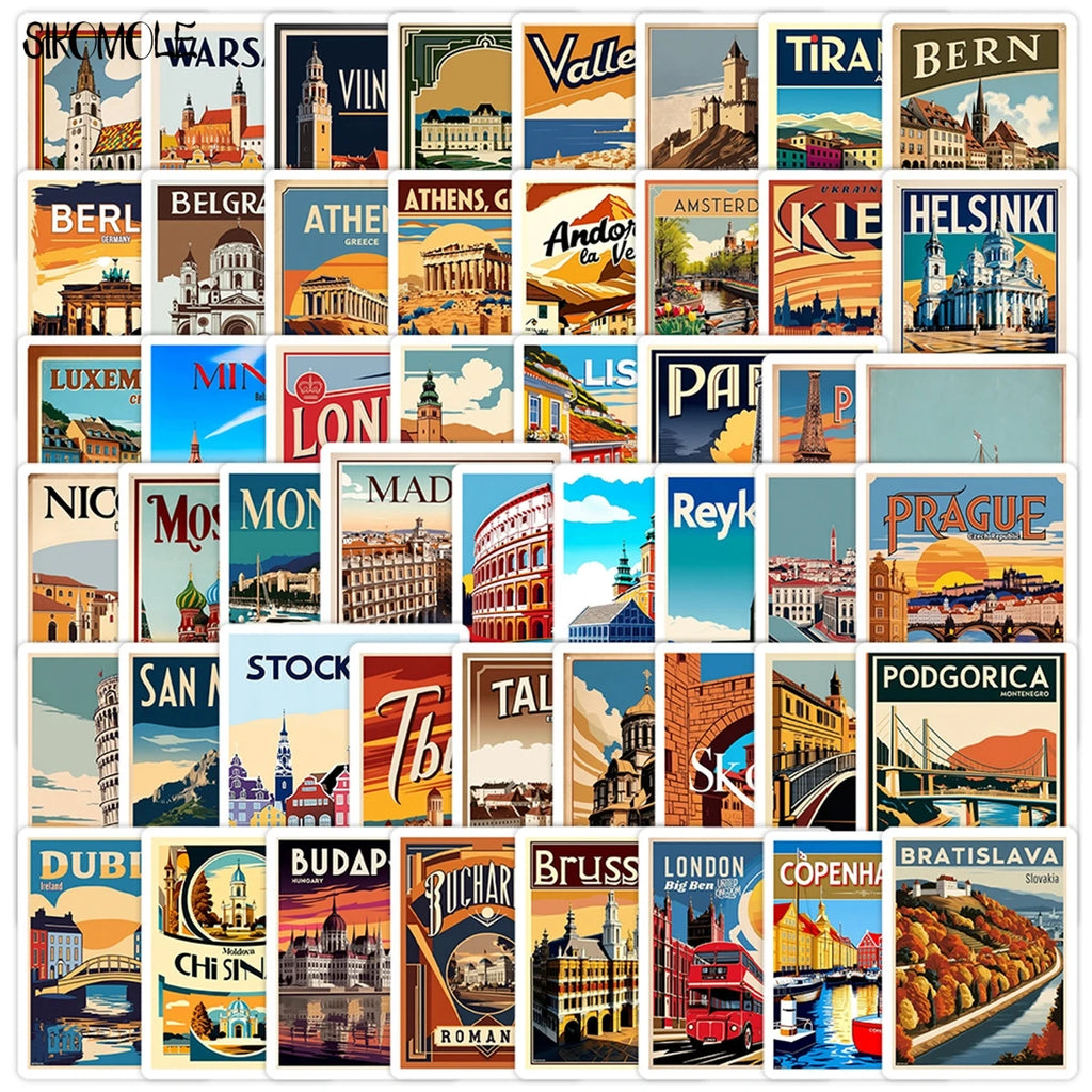 10/30/50PCS European Travel Stickers Aesthetic Famous Buildings DIY Decoration Toys Travel Luggage Decal Graffiti Sticker Pack