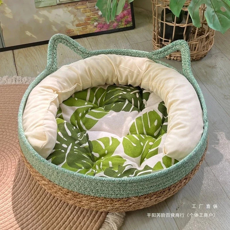 Handmade Woven Rattan Cat Bed Summer Cooling Removable Washable With Scratch Pad And Cozy Pet Bed Basket Home Use Gift For Cats