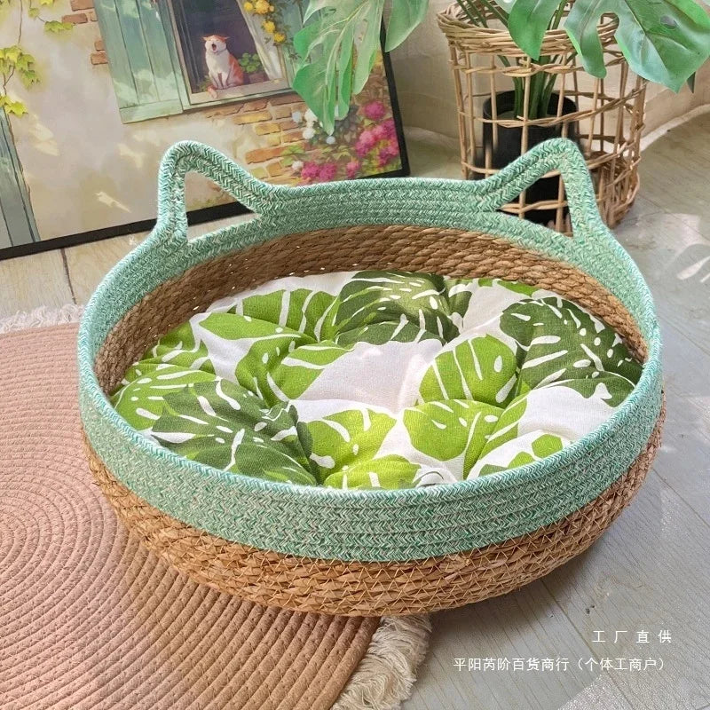 Handmade Woven Rattan Cat Bed Summer Cooling Removable Washable With Scratch Pad And Cozy Pet Bed Basket Home Use Gift For Cats