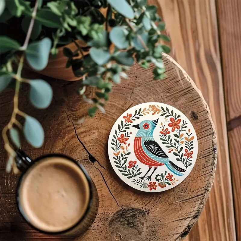6 Pieces 2D Wooden Coasters Bohemian Bird and Flower Pattern Theme Desktop Heat Mats Home Decor Coffee Cup Coasters Office