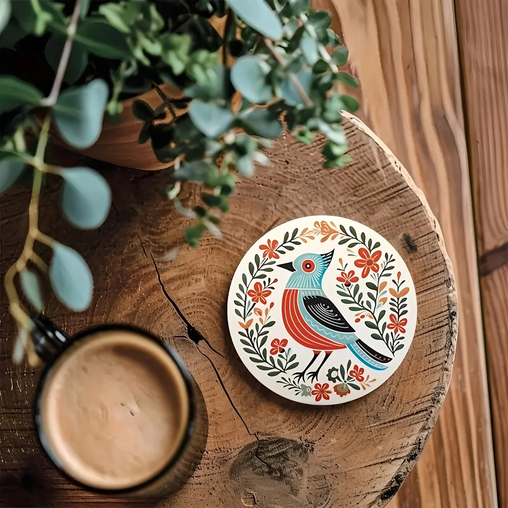6 Pieces 2D Wooden Coasters Bohemian Bird and Flower Pattern Theme Desktop Heat Mats Home Decor Coffee Cup Coasters Office