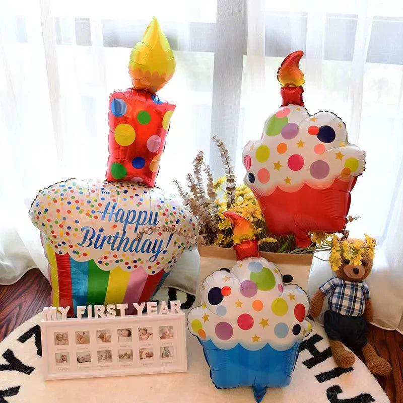 Large 3 Layer Birthday Cake Candle Foil Balloons with Stripes & Polka Dots, Party Decoration Photo Props