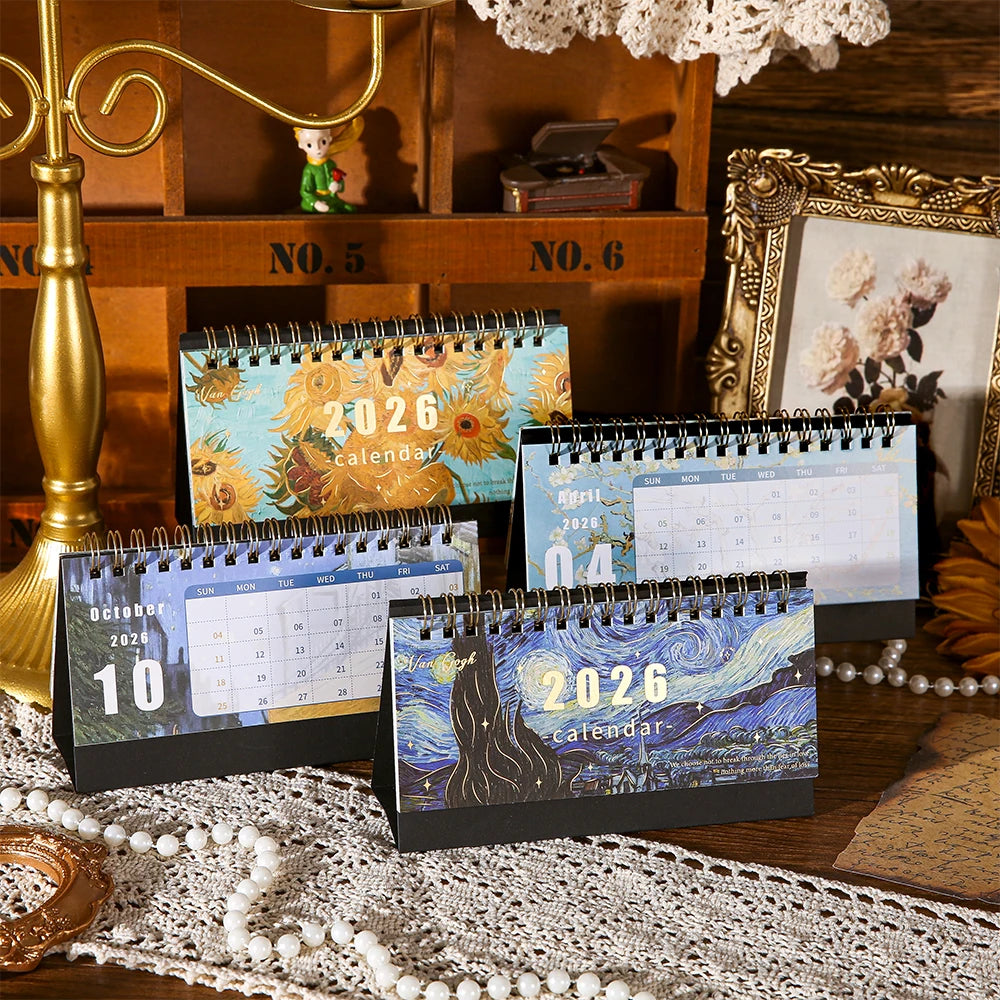 1Pc 2026 Desk Calendar Vintage Painting Calendar With Memo Notes Monthly Calendar For Home Office School Planning Organizing