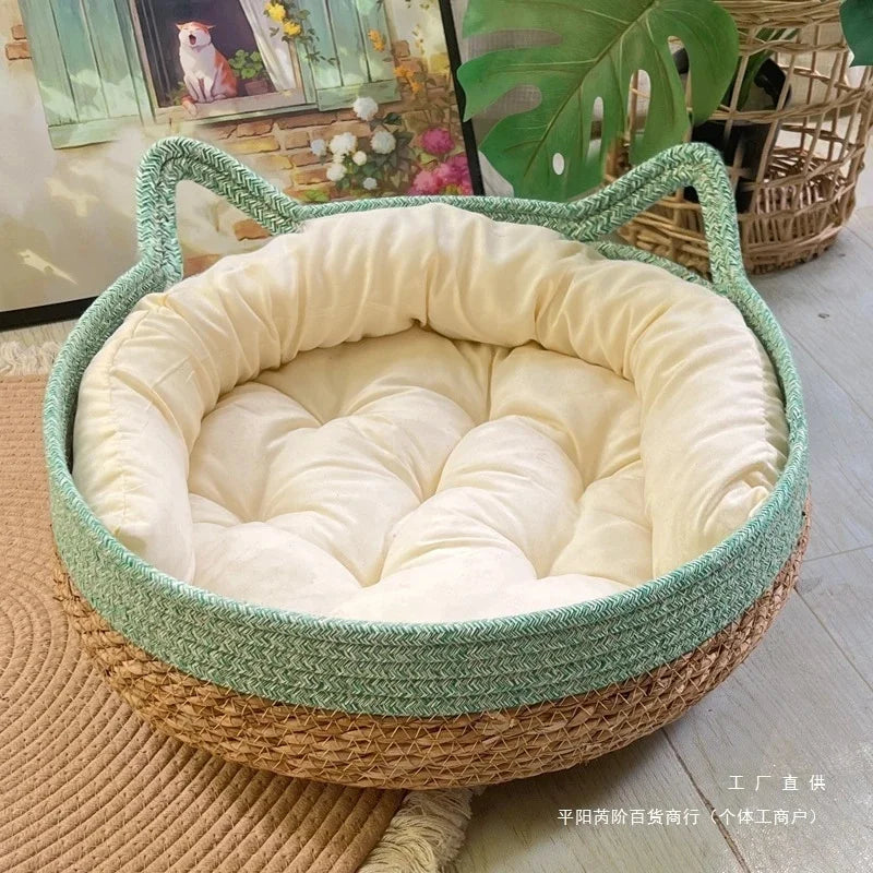 Handmade Woven Rattan Cat Bed Summer Cooling Removable Washable With Scratch Pad And Cozy Pet Bed Basket Home Use Gift For Cats