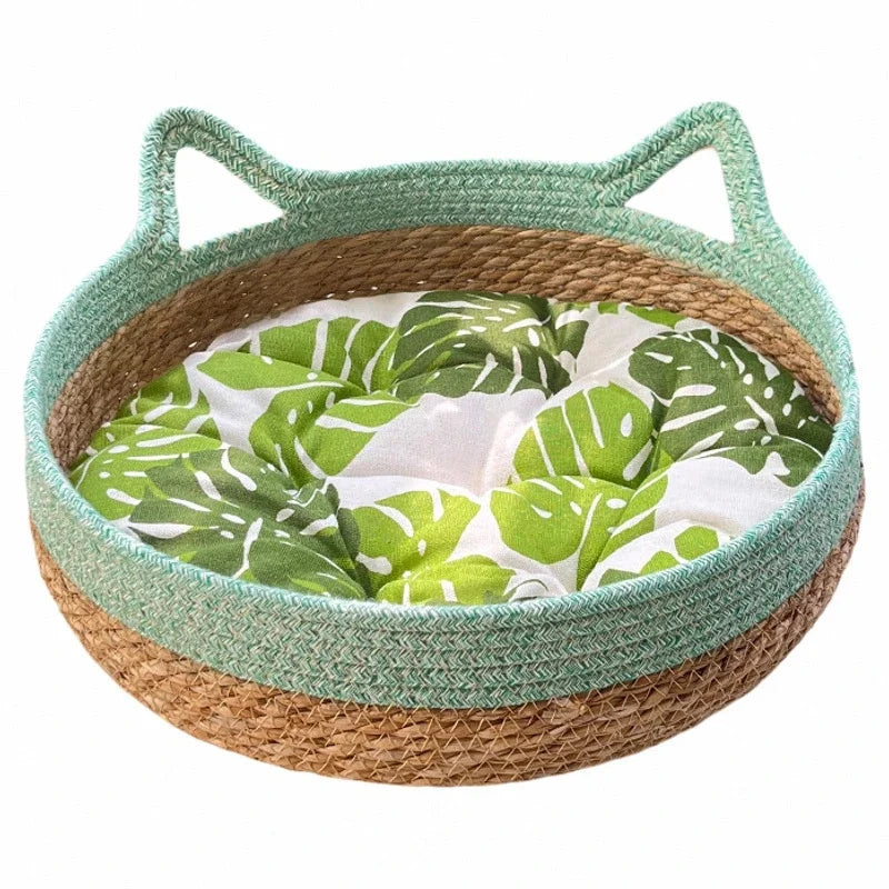 Handmade Woven Rattan Cat Bed Summer Cooling Removable Washable With Scratch Pad And Cozy Pet Bed Basket Home Use Gift For Cats