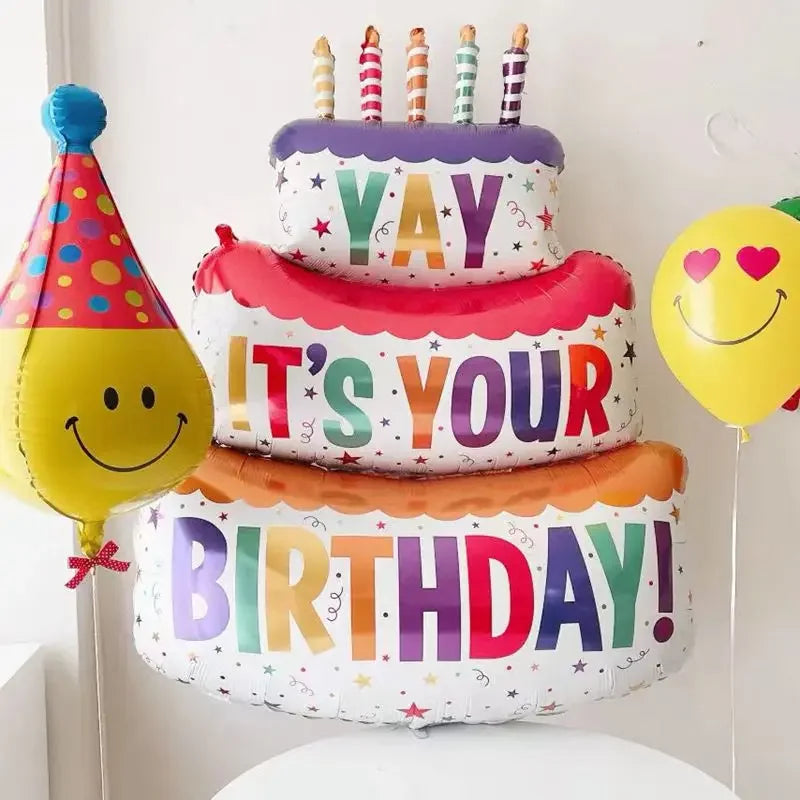 Large 3 Layer Birthday Cake Candle Foil Balloons with Stripes & Polka Dots, Party Decoration Photo Props