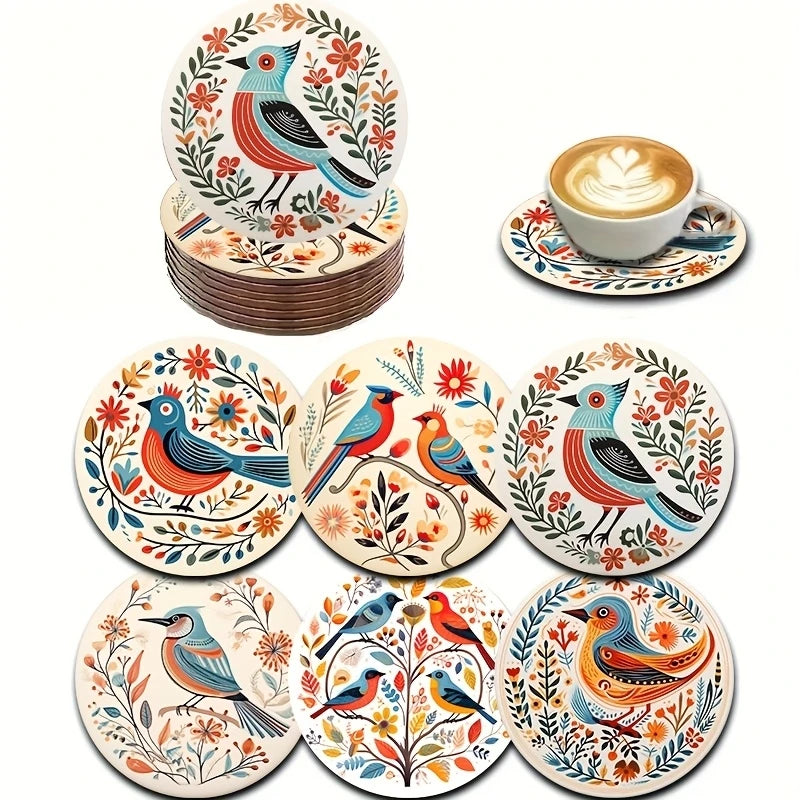6 Pieces 2D Wooden Coasters Bohemian Bird and Flower Pattern Theme Desktop Heat Mats Home Decor Coffee Cup Coasters Office
