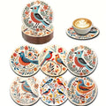 6 Pieces 2D Wooden Coasters Bohemian Bird and Flower Pattern Theme Desktop Heat Mats Home Decor Coffee Cup Coasters Office